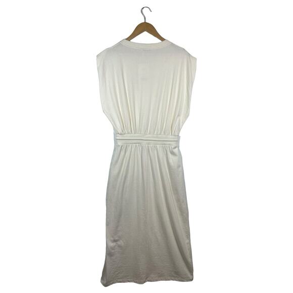 New Zara Dress Womens M Extended Shoulder Midi Tank Cinched Drawcord Waist Ivory - Picture 4 of 16